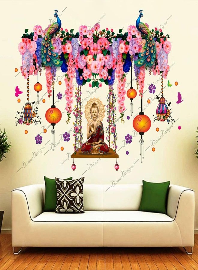 DivineDesigns ملصق حائط من الفينيل PVC بتصميم غوتاما بوذا وطاووس وزهور وردية (متعدد الألوان) من تصميم DivineDesigns - Image 2
